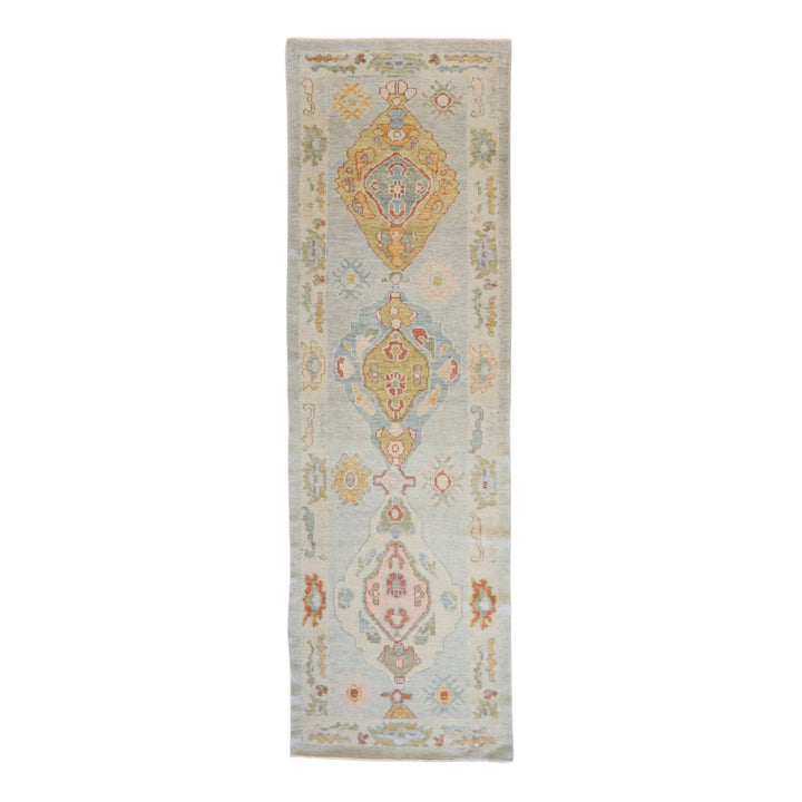 3' 1" x 9' 11" BLUE AND BEIGE OUSHAK GEOMETRIC TURKISH RUG
