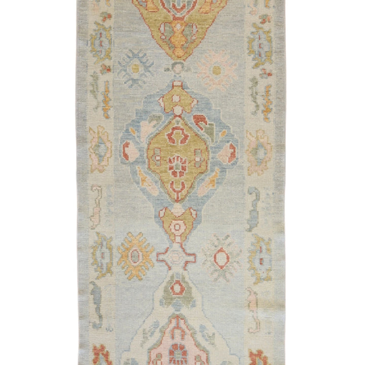 3' 1" x 9' 11" BLUE AND BEIGE OUSHAK GEOMETRIC TURKISH RUG