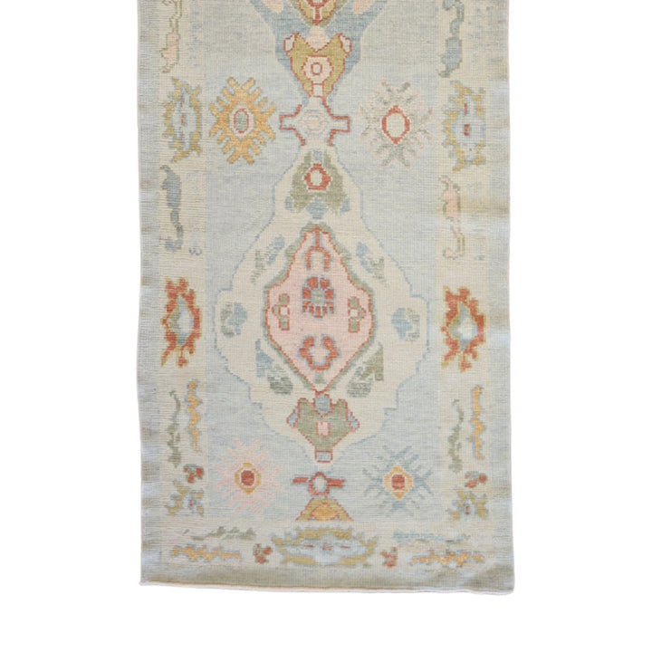 3' 1" x 9' 11" BLUE AND BEIGE OUSHAK GEOMETRIC TURKISH RUG