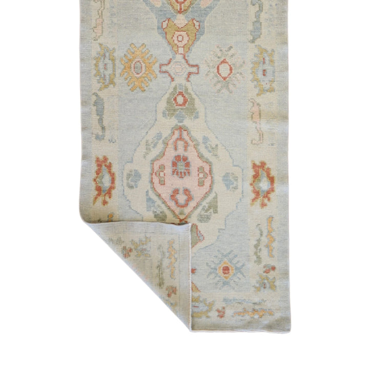 3' 1" x 9' 11" BLUE AND BEIGE OUSHAK GEOMETRIC TURKISH RUG