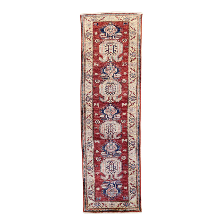2' 6" x 8' 7" RED AND TAN  GEOMETRIC AFGHANI RUG