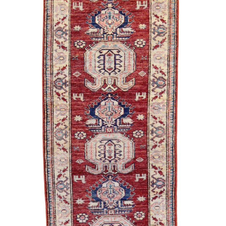 2' 6" x 8' 7" RED AND TAN  GEOMETRIC AFGHANI RUG