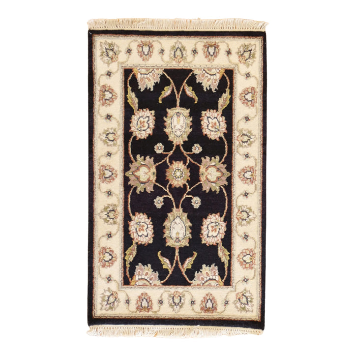 2'0" x 3'0" BLACK AND BEIGE JAIPUR FLORAL INDIAN RUG