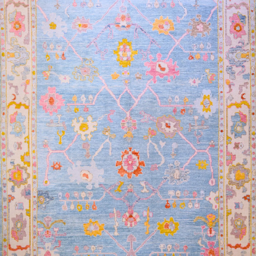 10'   3" x  14'   4" BLUE AND BEIGE OUSHAK GEOMETRIC TURKISH RUG