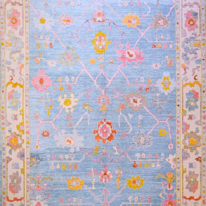10'   3" x  14'   4" BLUE AND BEIGE OUSHAK GEOMETRIC TURKISH RUG