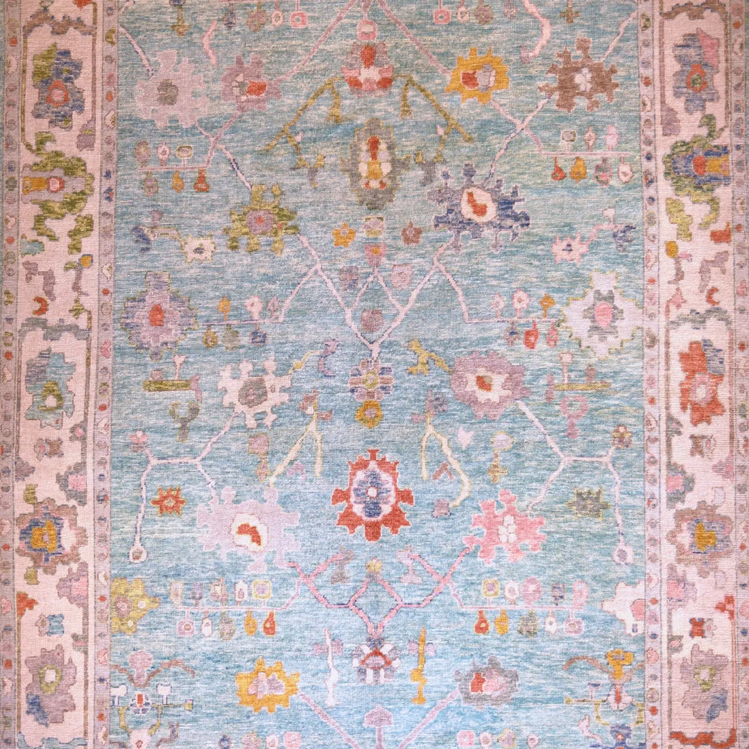 10'   0" x  14'   5" TEAL AND IVORY OUSHAK GEOMETRIC TURKISH RUG
