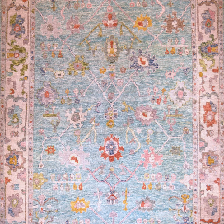 10'   0" x  14'   5" TEAL AND IVORY OUSHAK GEOMETRIC TURKISH RUG