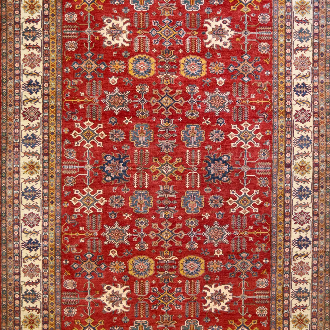 9'11" x 14'1" RED AND IVORY KAZAK PAKISTAN GEOMETRIC