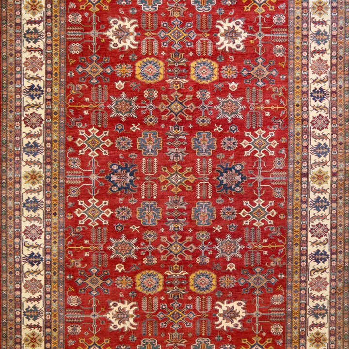 9'11" x 14'1" RED AND IVORY KAZAK PAKISTAN GEOMETRIC
