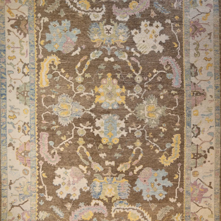 10'   1" x  13'   6" BROWN AND BLUE OUSHAK GEOMETRIC TURKISH RUG