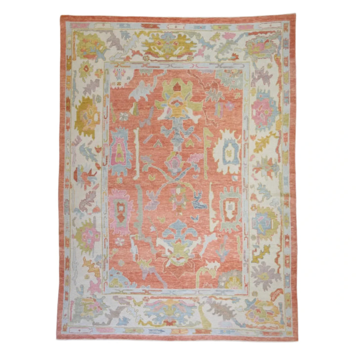 9'2" x 12'5" SALMON AND BEIGE OUSHAK GEOMETRIC TURKISH RUG