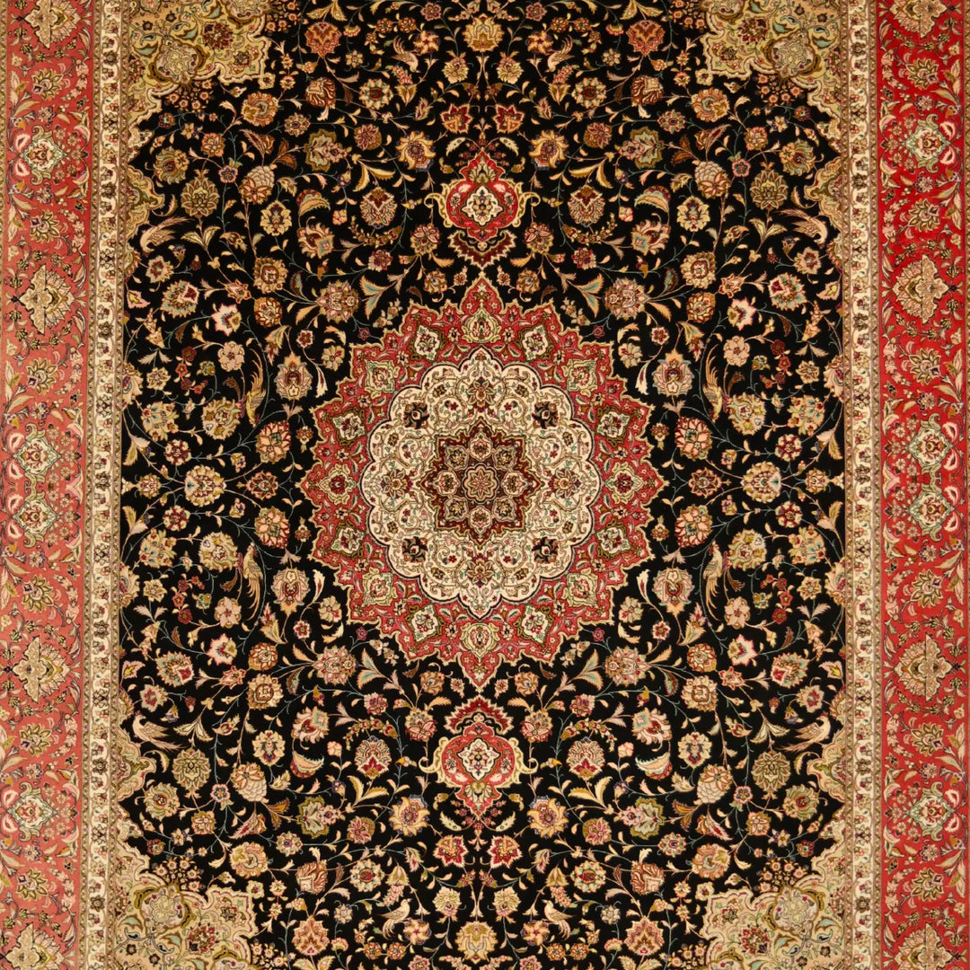 9'7" x  12'11" BLACK AND ROSE TABRIZ FLORAL PERSIAN RUG