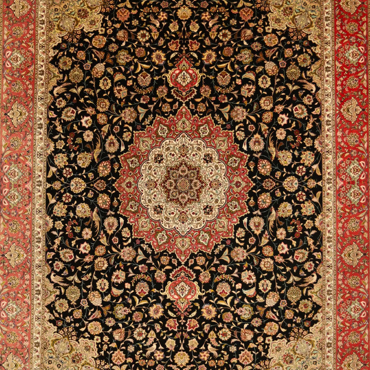 9'7" x  12'11" BLACK AND ROSE TABRIZ FLORAL PERSIAN RUG