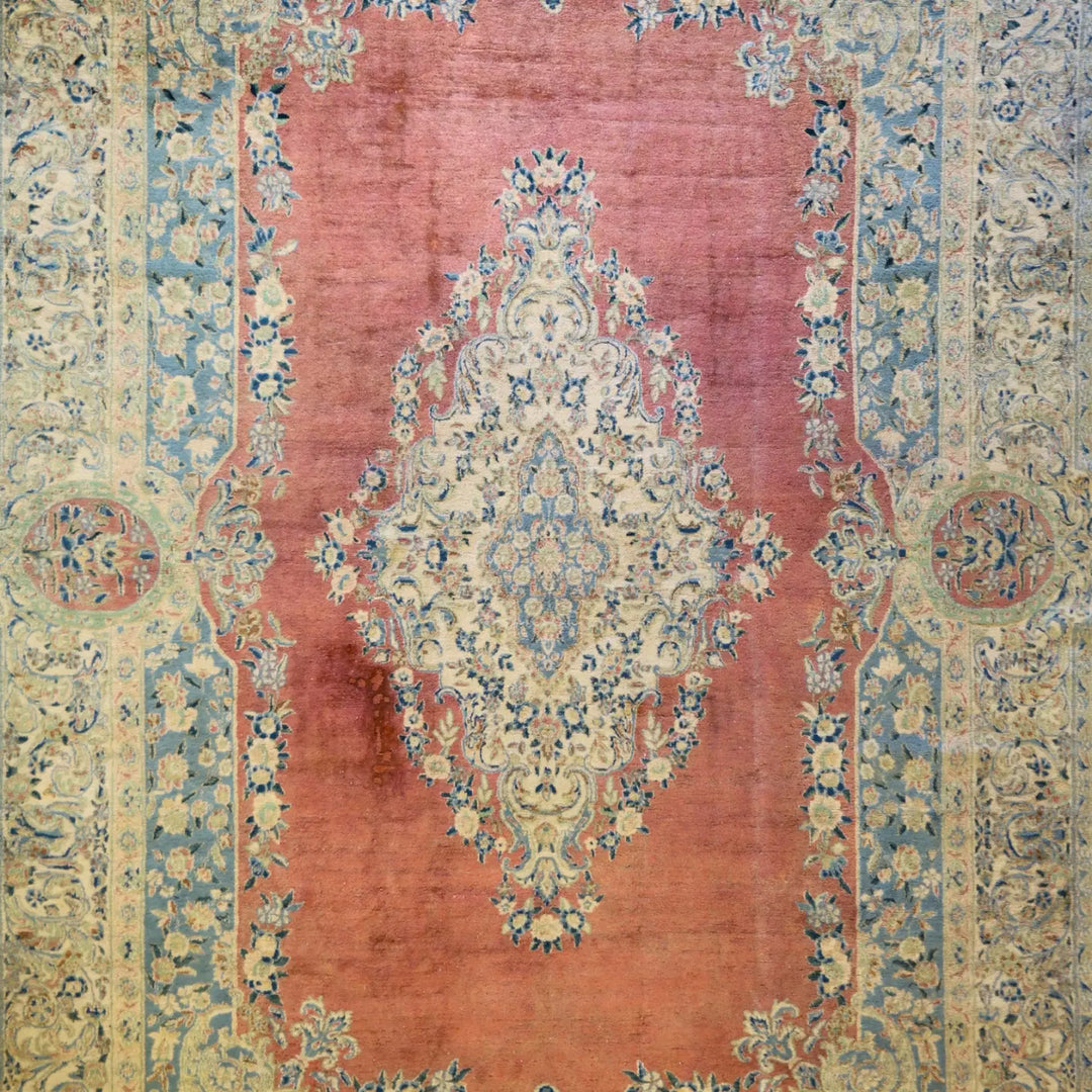9'   4" x  14'   2" PINK AND BEIGE KERMAN FLORAL PERSIAN RUG