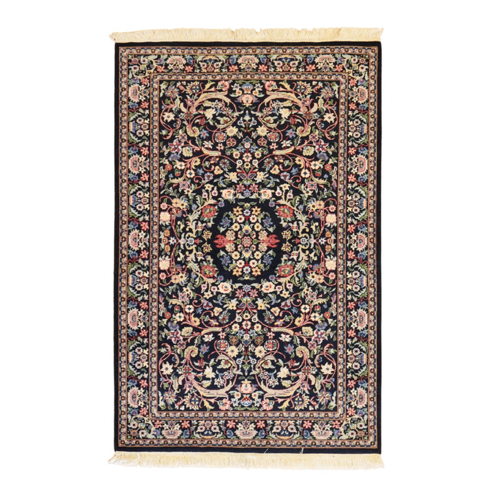 3'4" x 5'2" BLACK AND BLACK  FLORAL PAKISTANI RUG