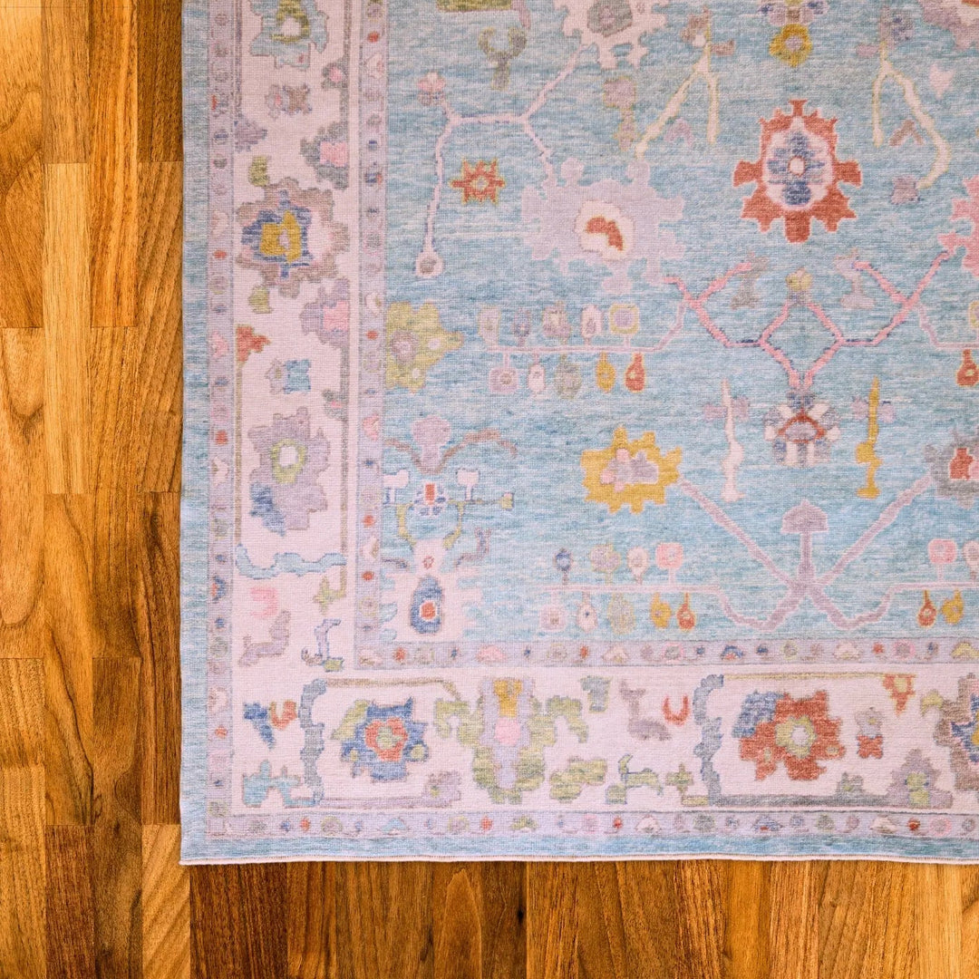 10'   0" x  14'   5" TEAL AND IVORY OUSHAK GEOMETRIC TURKISH RUG