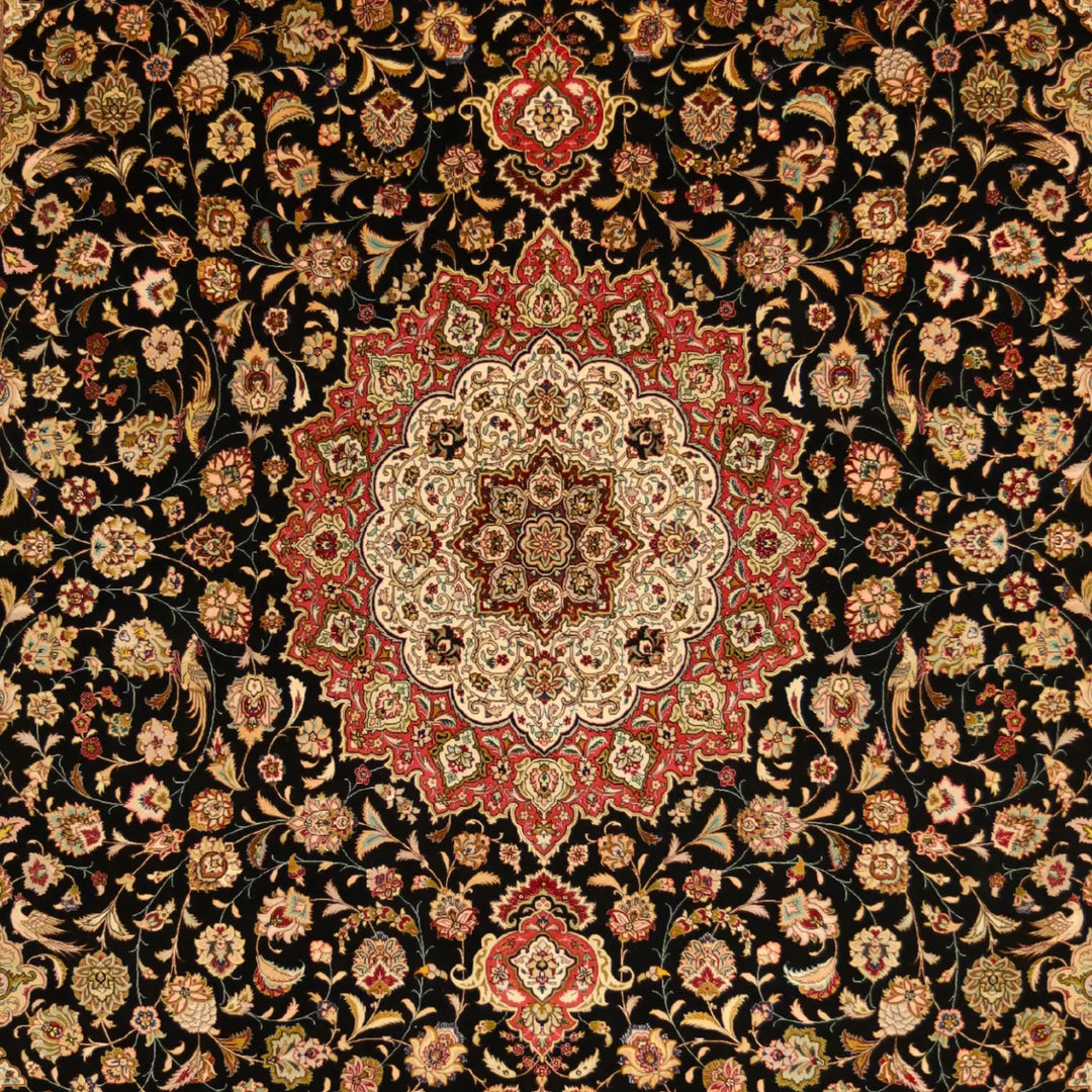 9'7" x  12'11" BLACK AND ROSE TABRIZ FLORAL PERSIAN RUG