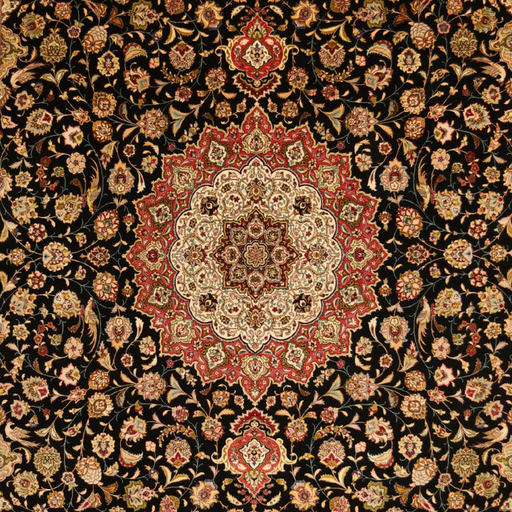 9'7" x  12'11" BLACK AND ROSE TABRIZ FLORAL PERSIAN RUG