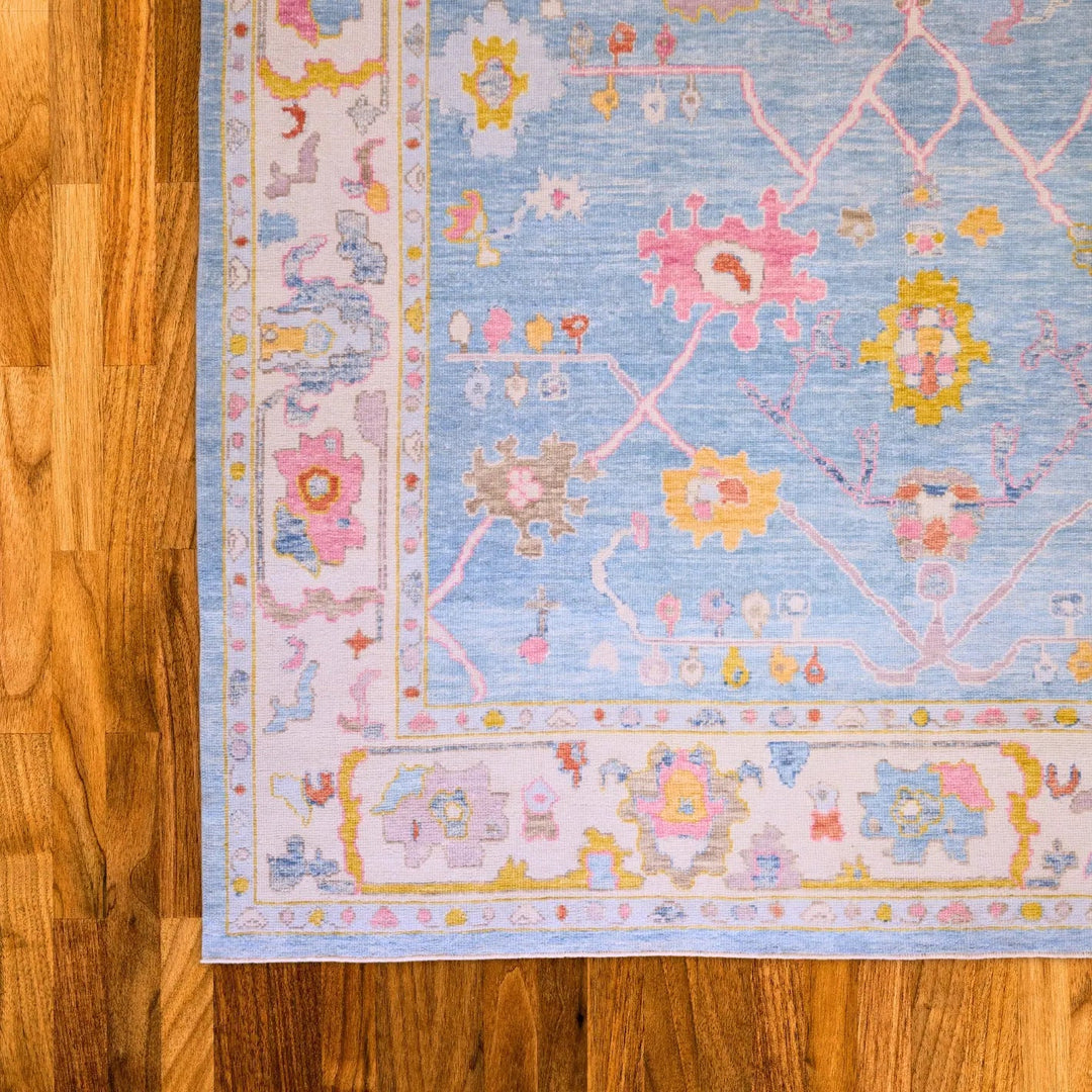 10'   3" x  14'   4" BLUE AND BEIGE OUSHAK GEOMETRIC TURKISH RUG