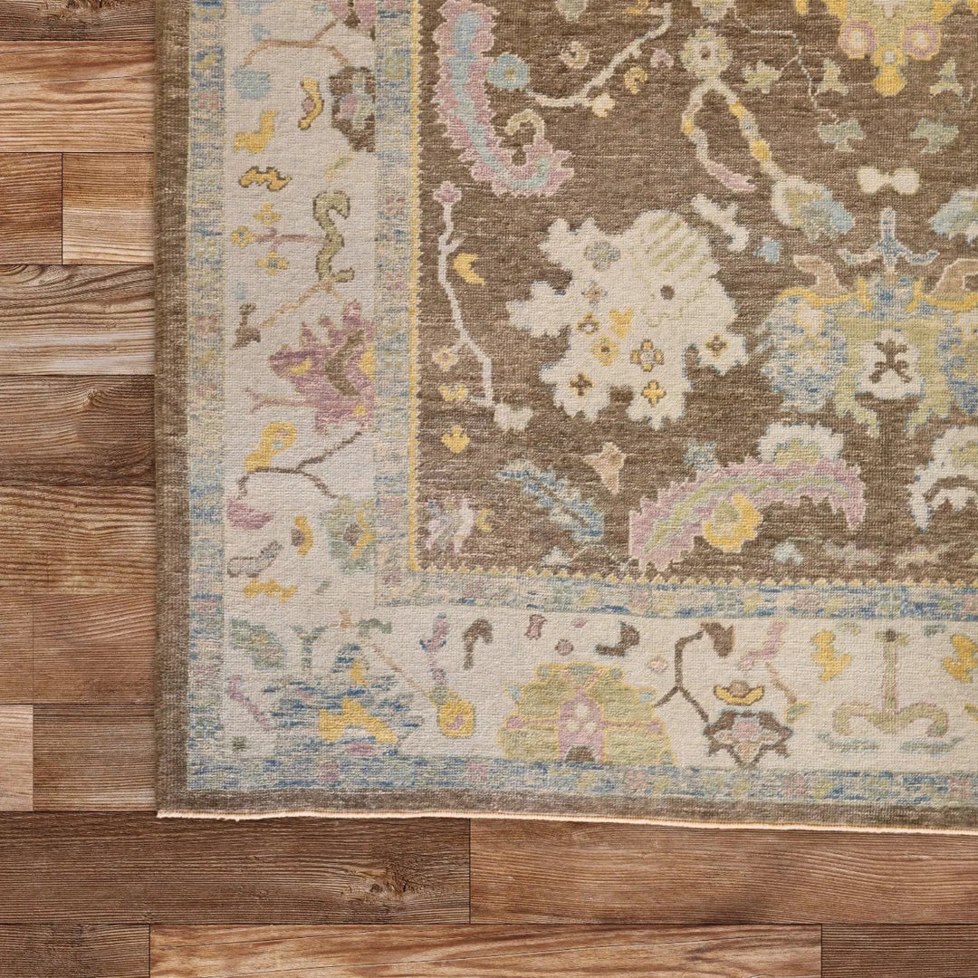 10'   1" x  13'   6" BROWN AND BLUE OUSHAK GEOMETRIC TURKISH RUG