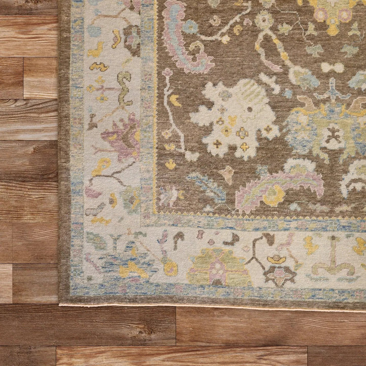 10'   1" x  13'   6" BROWN AND BLUE OUSHAK GEOMETRIC TURKISH RUG