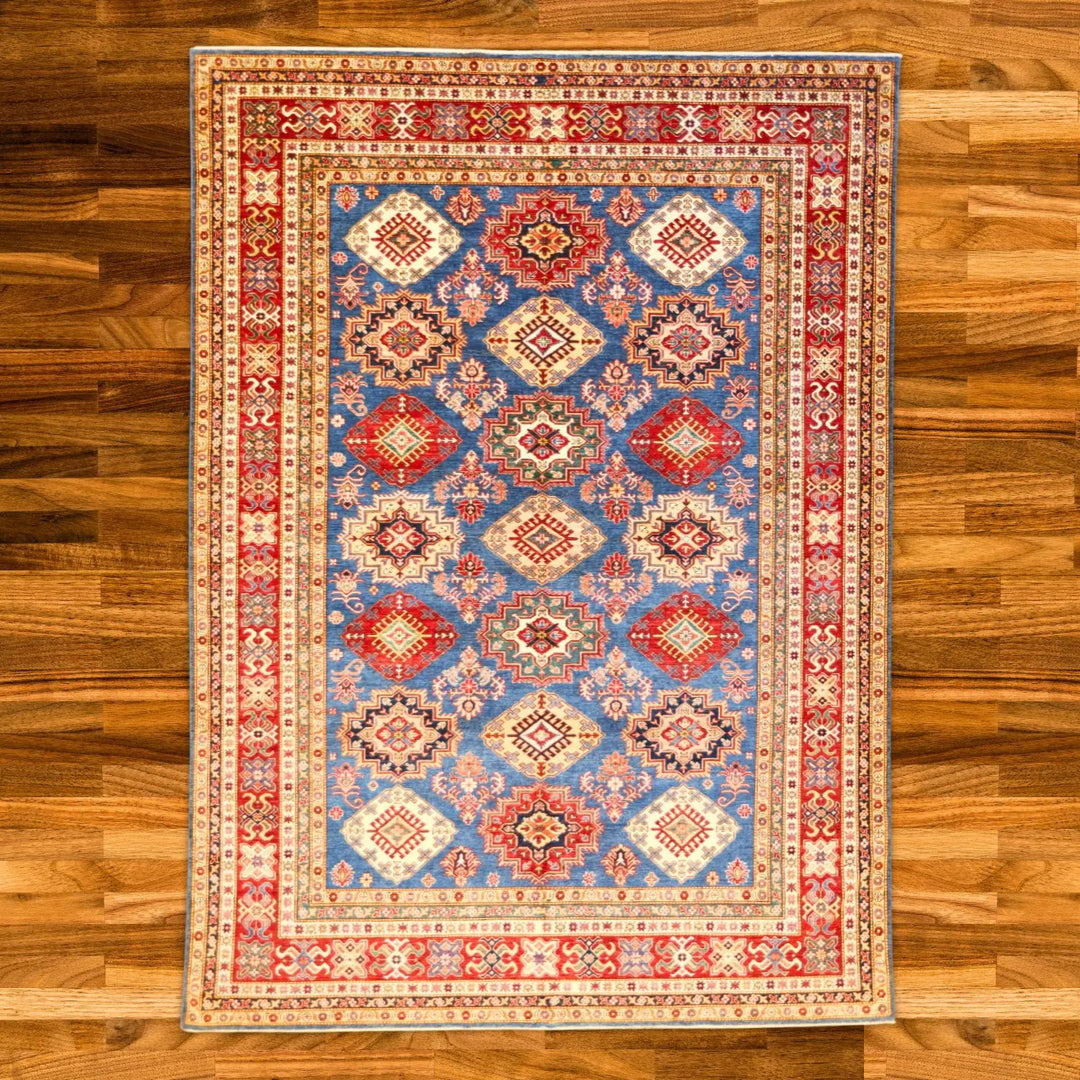 9'0" x 12'6" BLUE AND RED KAZAK PAKISTAN GEOMETRIC