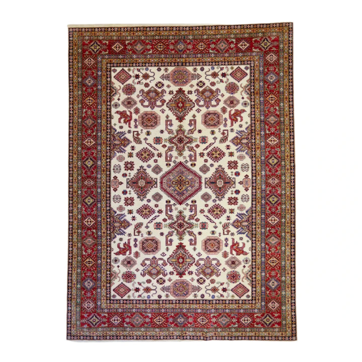 9'0" x 12'4" BEIGE AND RED KAZAK GEOMETRIC PAKISTANI RUG