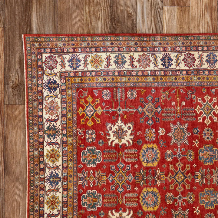 9'11" x 14'1" RED AND IVORY KAZAK PAKISTAN GEOMETRIC