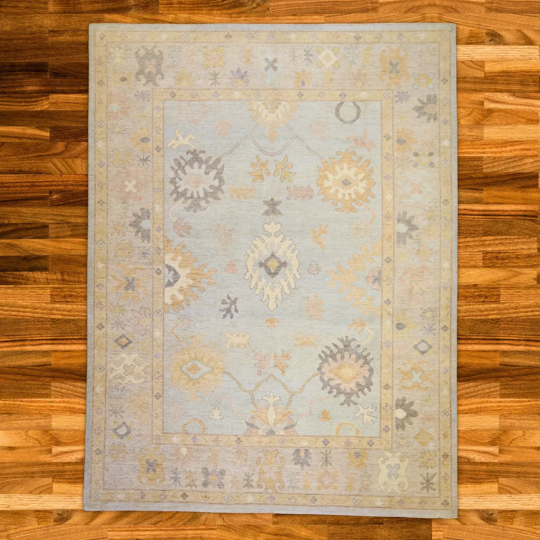 9'2" x 12'0" BLUE AND SILVER OUSHAK PAKISTAN GEOMETRIC