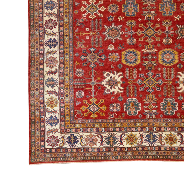 9'  11" x  14'   1" RED AND IVORY KAZAK GEOMETRIC PAKISTANI RUG