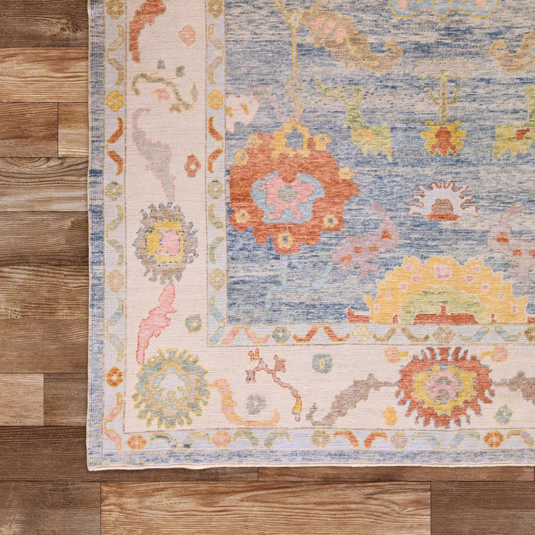 10'   1" x  14'   3" BLUE AND IVORY OUSHAK GEOMETRIC TURKISH RUG