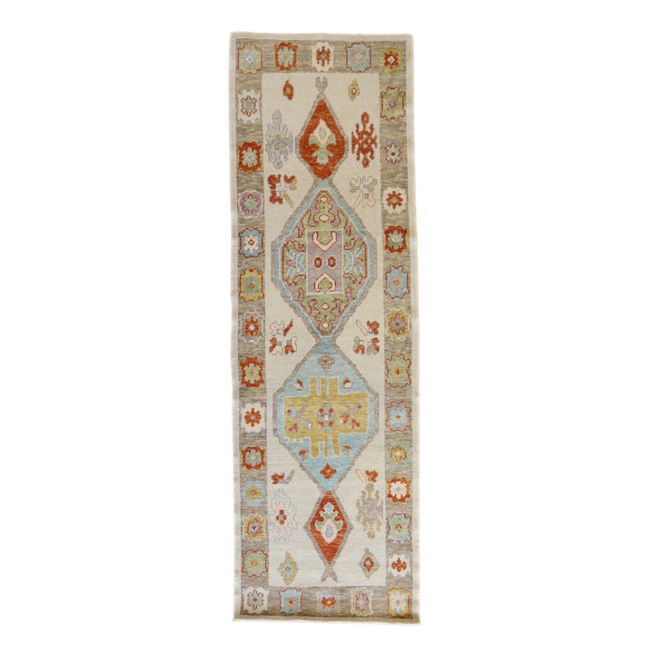 3' 0" x 9' 8" BEIGE AND TAN OUSHAK GEOMETRIC TURKISH RUG