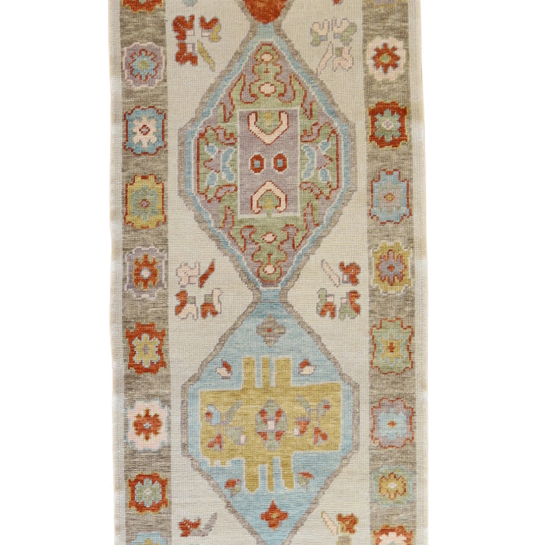 3' 0" x 9' 8" BEIGE AND TAN OUSHAK GEOMETRIC TURKISH RUG