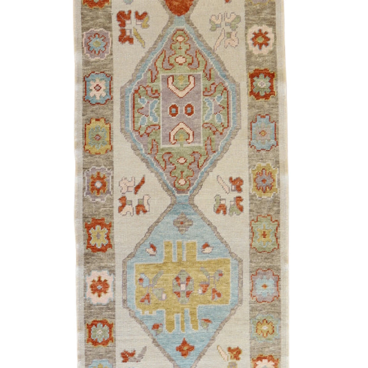 3' 0" x 9' 8" BEIGE AND TAN OUSHAK GEOMETRIC TURKISH RUG