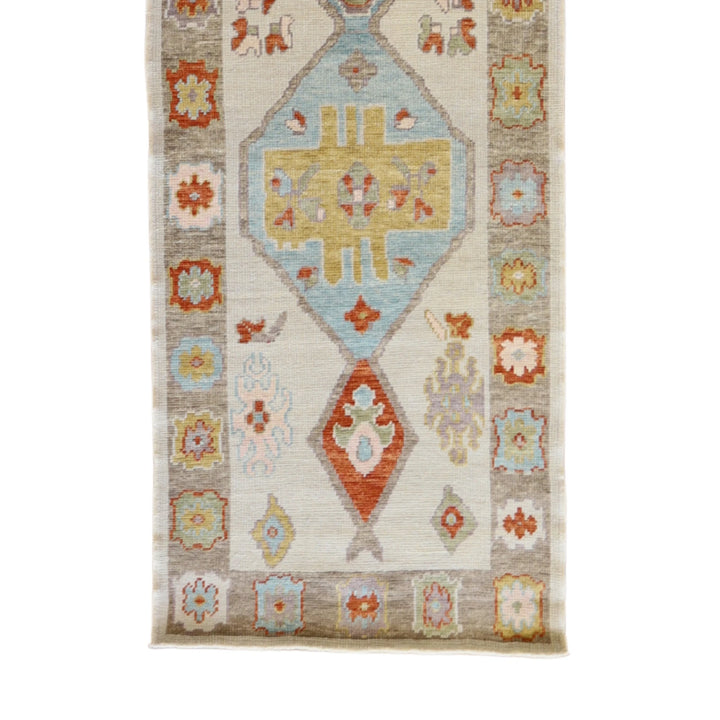 3' 0" x 9' 8" BEIGE AND TAN OUSHAK GEOMETRIC TURKISH RUG