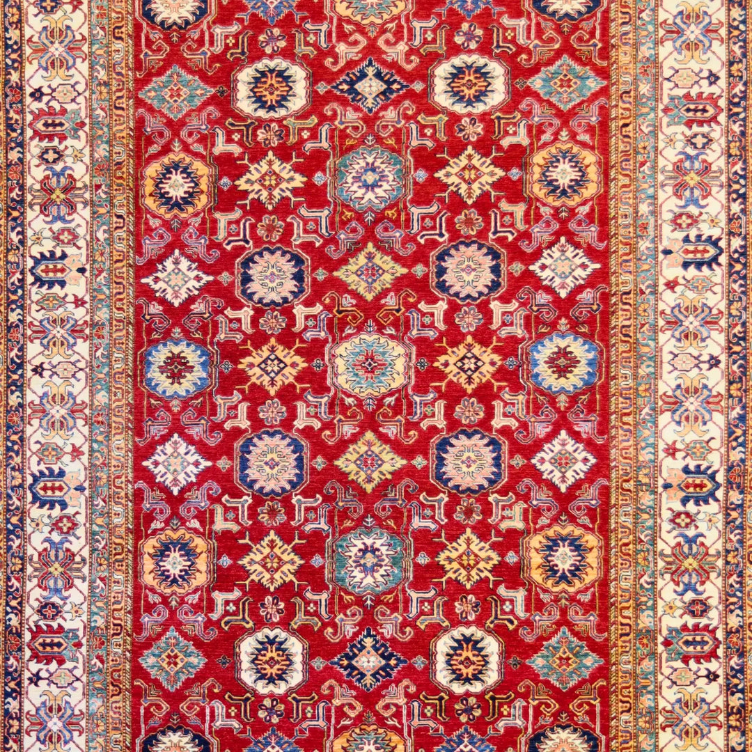 8'10" x 12'6" RED AND BEIGE KAZAK GEOMETRIC PAKISTANI RUG