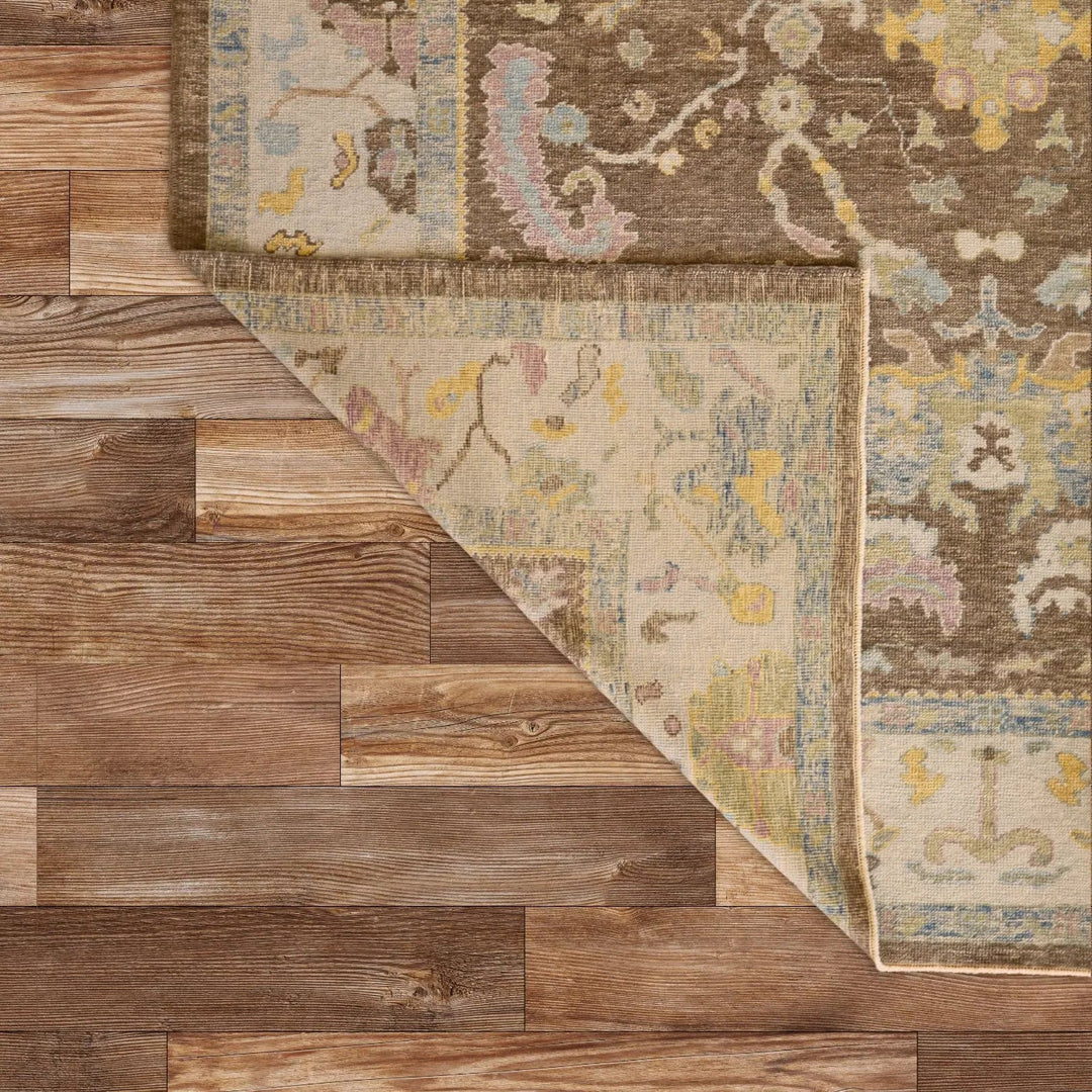 10'   1" x  13'   6" BROWN AND BLUE OUSHAK GEOMETRIC TURKISH RUG