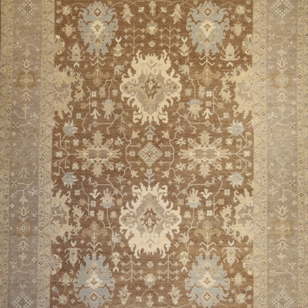 9'0" x 12'1" BROWN AND TAUPE PESHAWAR GEOMETRIC PAKISTANI RUG