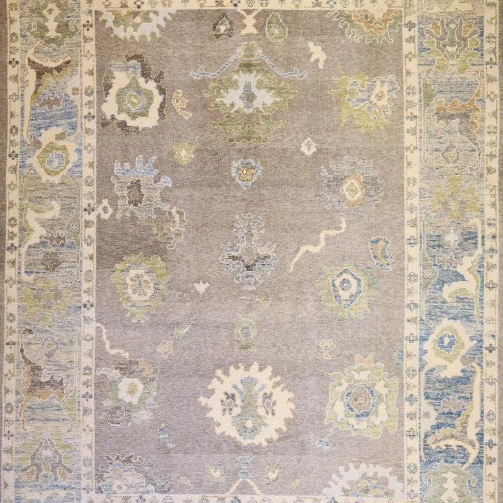9'6" x 12'8" GRAY AND BLUE GEOMETRIC OUSHAK TURKISH RUG