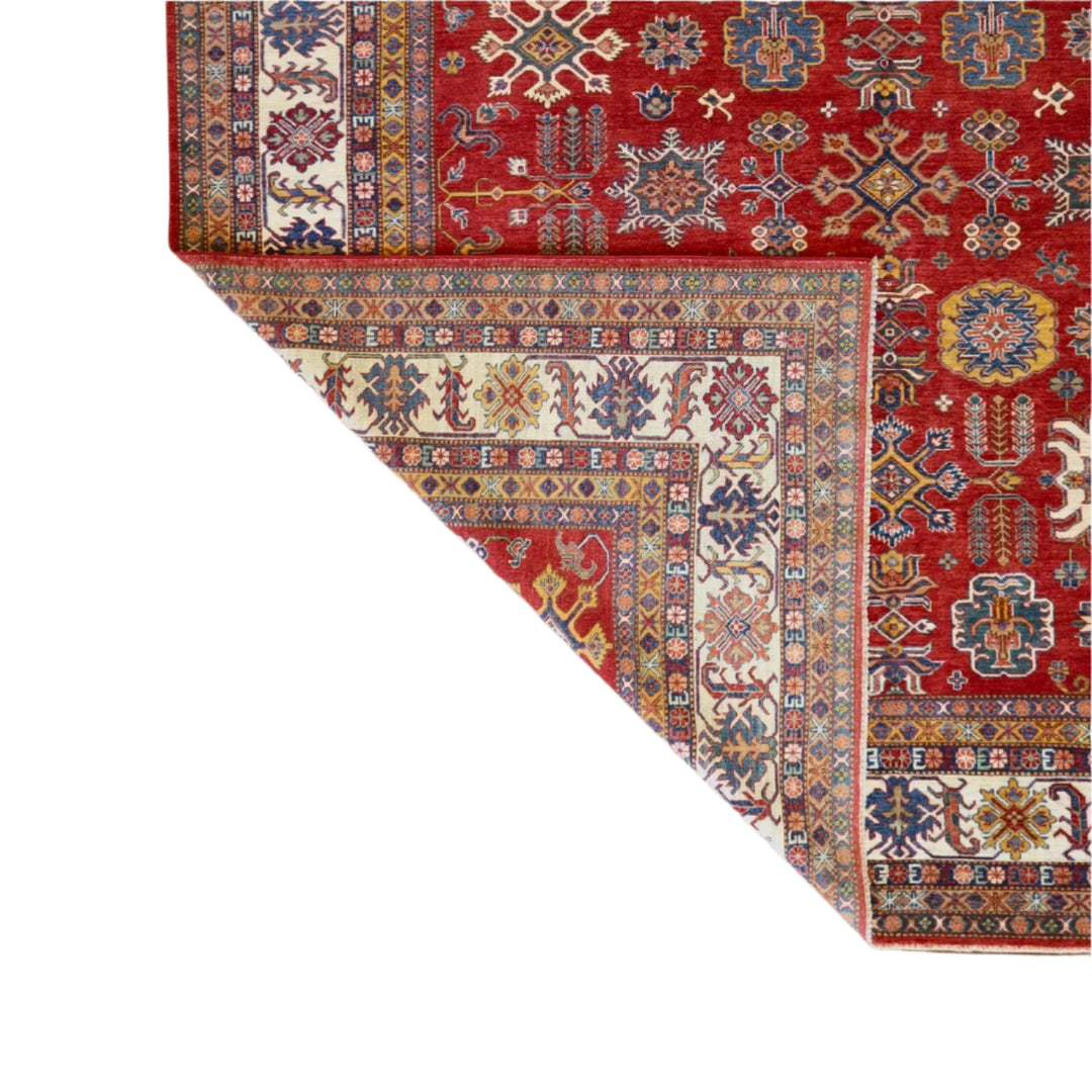 9'  11" x  14'   1" RED AND IVORY KAZAK GEOMETRIC PAKISTANI RUG