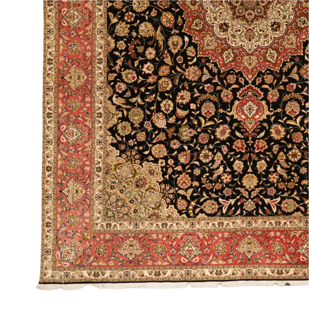 9'7" x  12'11" BLACK AND ROSE TABRIZ FLORAL PERSIAN RUG