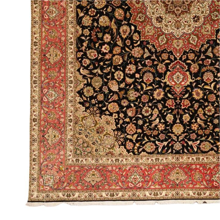 9'7" x  12'11" BLACK AND ROSE TABRIZ FLORAL PERSIAN RUG