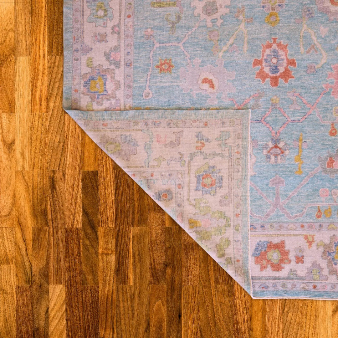 10'   0" x  14'   5" TEAL AND IVORY OUSHAK GEOMETRIC TURKISH RUG
