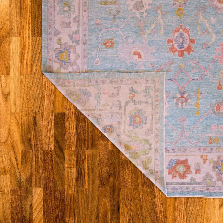 10'   0" x  14'   5" TEAL AND IVORY OUSHAK GEOMETRIC TURKISH RUG