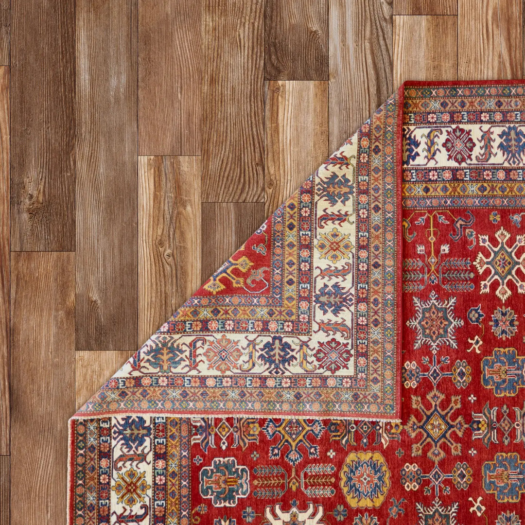 9'11" x 14'1" RED AND IVORY KAZAK PAKISTAN GEOMETRIC