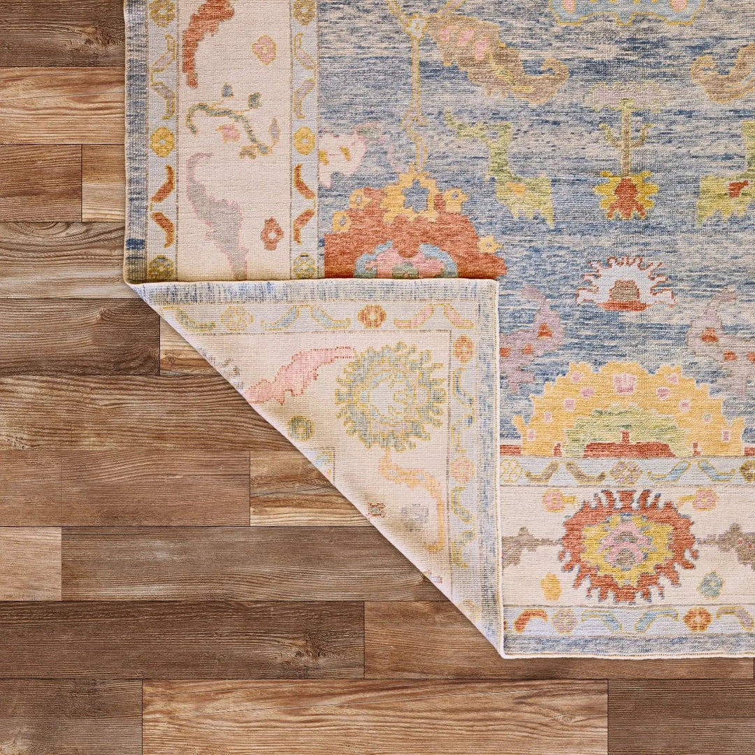 10'   1" x  14'   3" BLUE AND IVORY OUSHAK GEOMETRIC TURKISH RUG