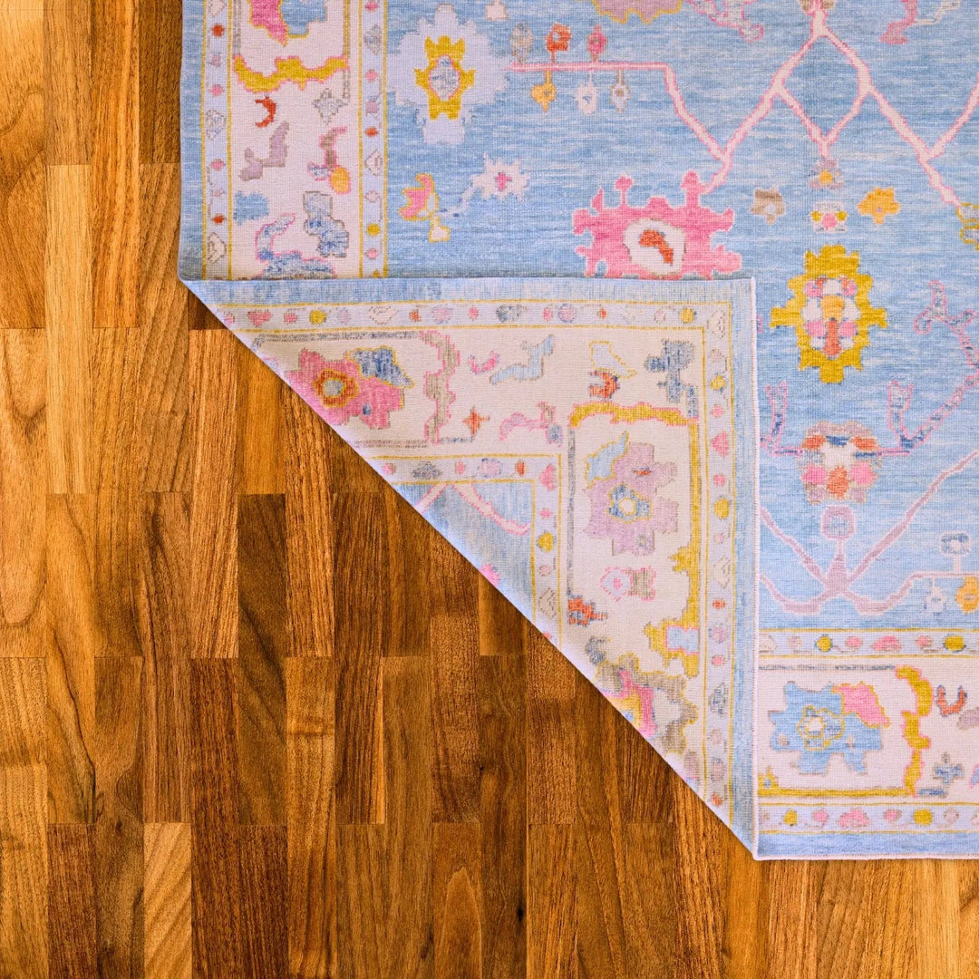10'   3" x  14'   4" BLUE AND BEIGE OUSHAK GEOMETRIC TURKISH RUG